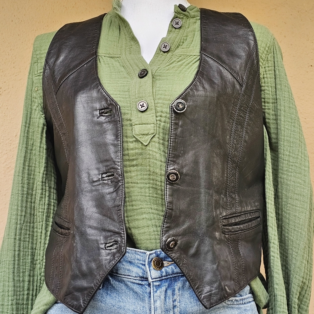 Black Leather Vest w/ Front 3 Button Closure